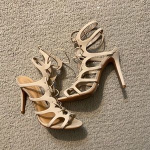 Schulz tan suede lace up heels